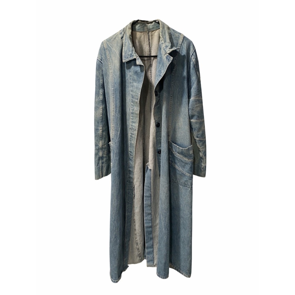 Vintage Denim Duster Coat Made in USA Long Blue Oversized Workwear Jacket Large